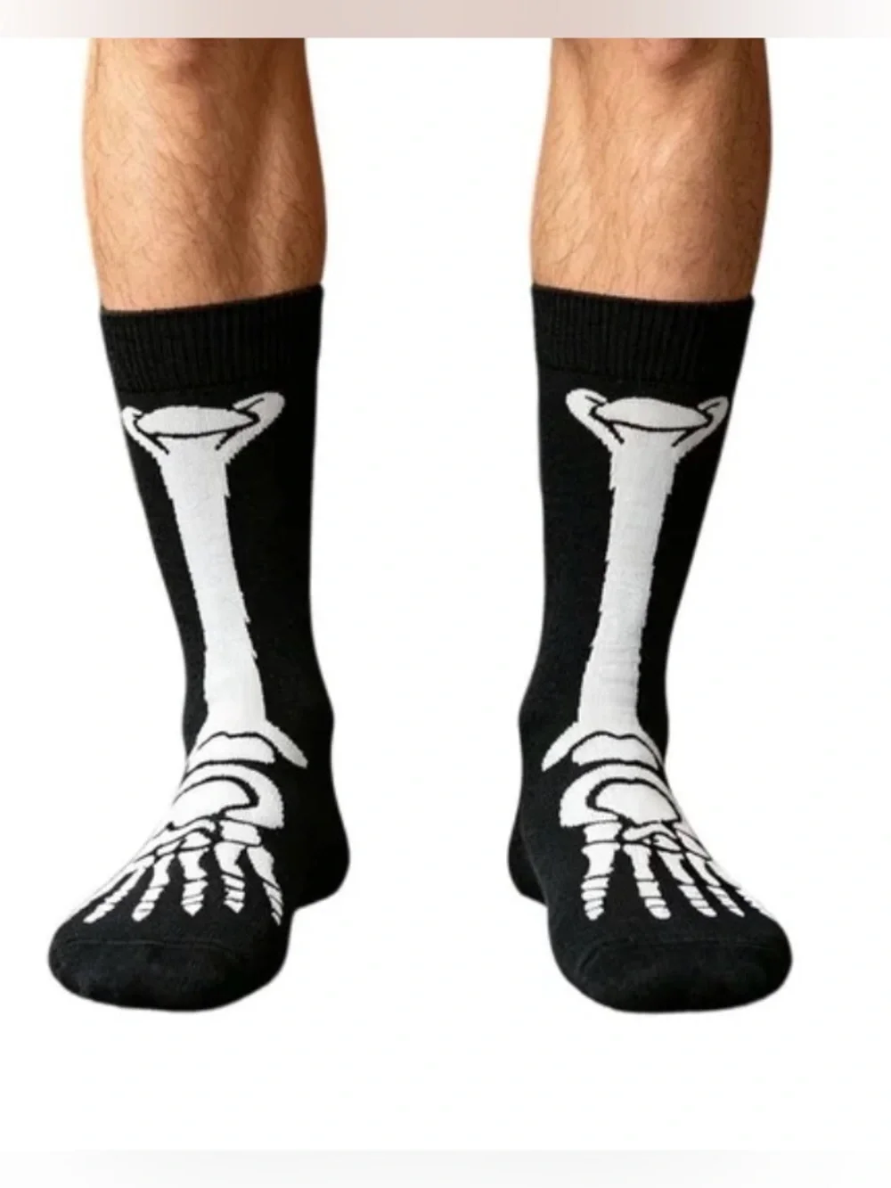Men's Black Crew Socks with White Skeleton Bone Design